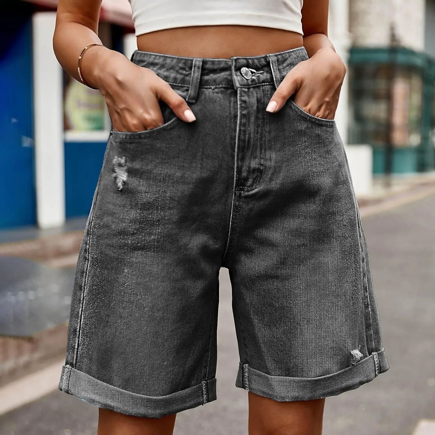 Borniu Women Stretchy Jean Shorts High Waisted Denim Short for Women Chino Y2K Shorts Women's Summer Jorts Jeans