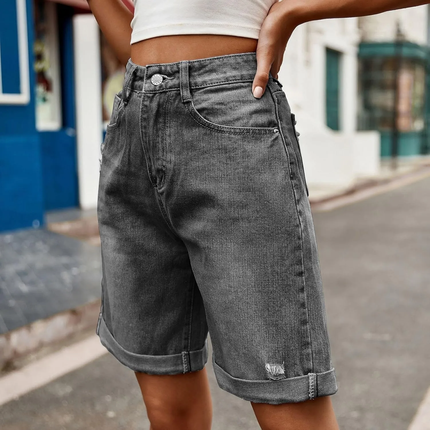 Borniu Women Stretchy Jean Shorts High Waisted Denim Short for Women Chino Y2K Shorts Women's Summer Jorts Jeans