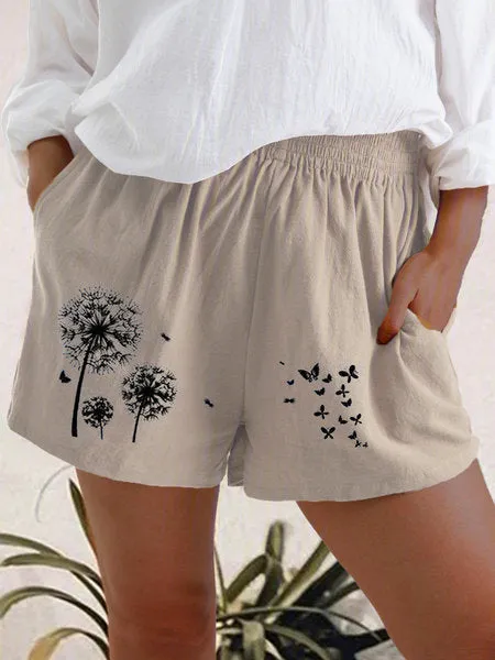 Fashion High Waist Dandelion Print Pocket Shorts