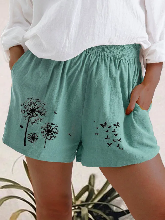 Fashion High Waist Dandelion Print Pocket Shorts