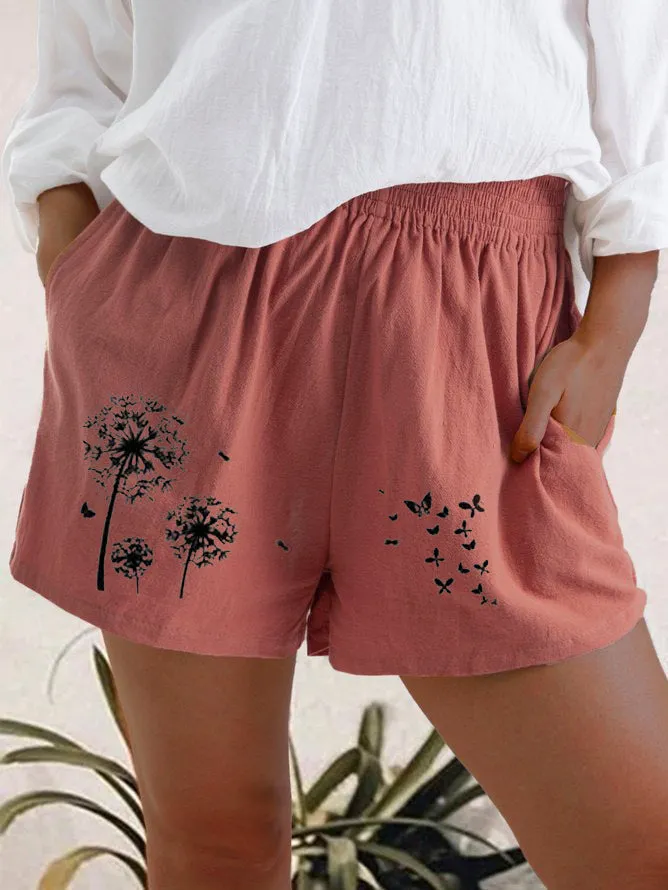 Fashion High Waist Dandelion Print Pocket Shorts