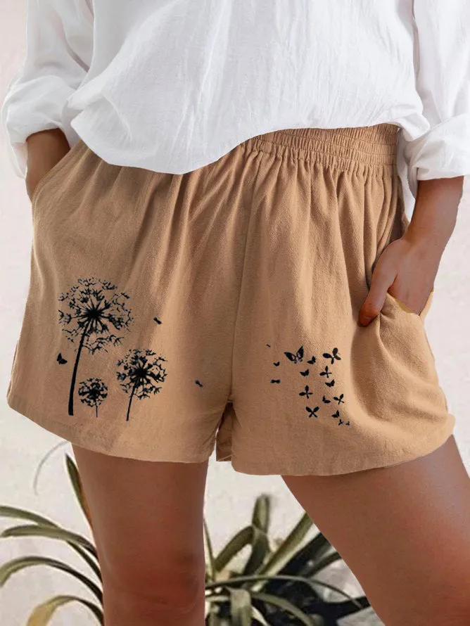 Fashion High Waist Dandelion Print Pocket Shorts