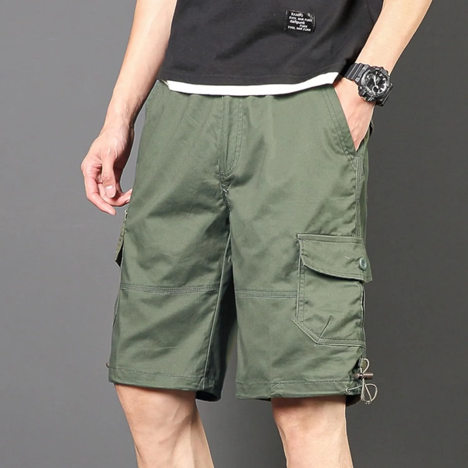 Finelylove Cargo Work Shorts for Men Relaxed Fit Fishing Hiking Shorts Summer Casual Cotton Outdoor Short Pants Knee Length