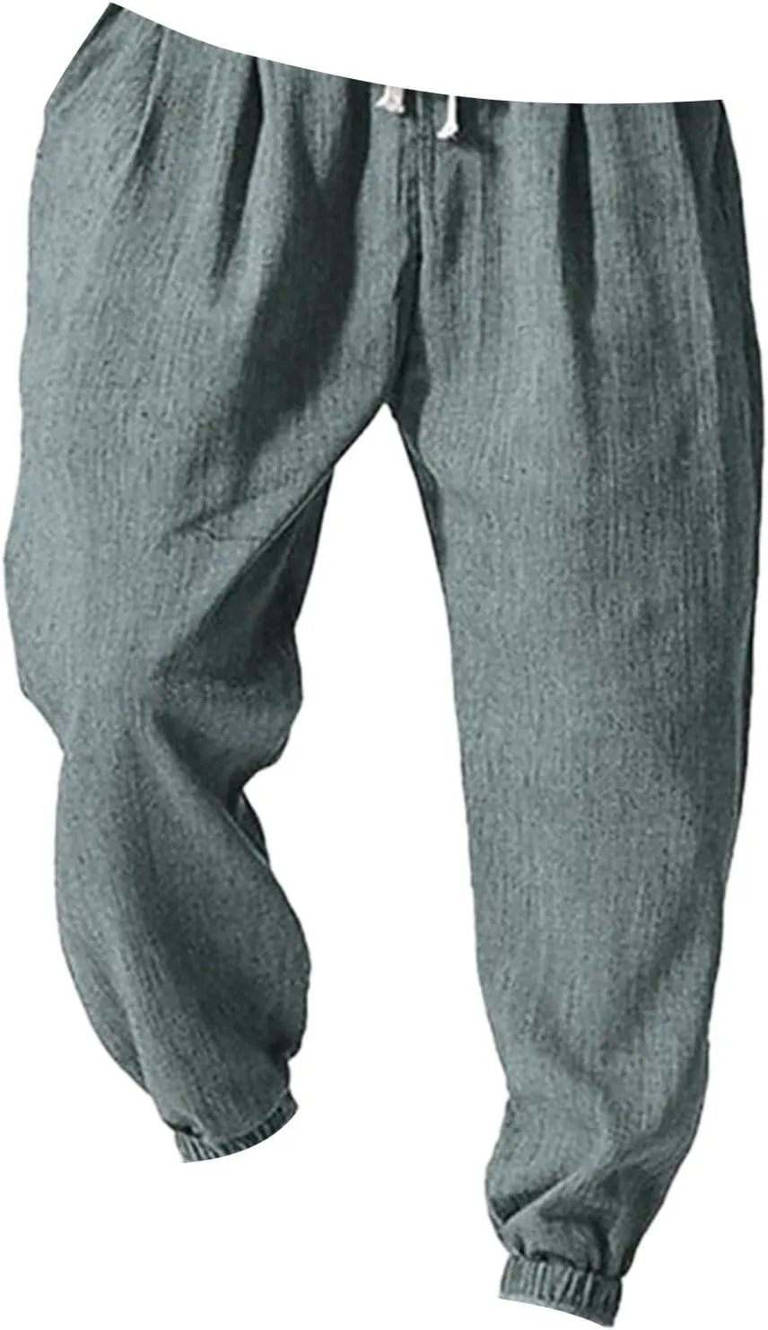 Linen Jogger Pants for Men Lightweight Cotton Sweat Lounge Harem Pant Casual Vacation Beach Summer Athletic Trousers