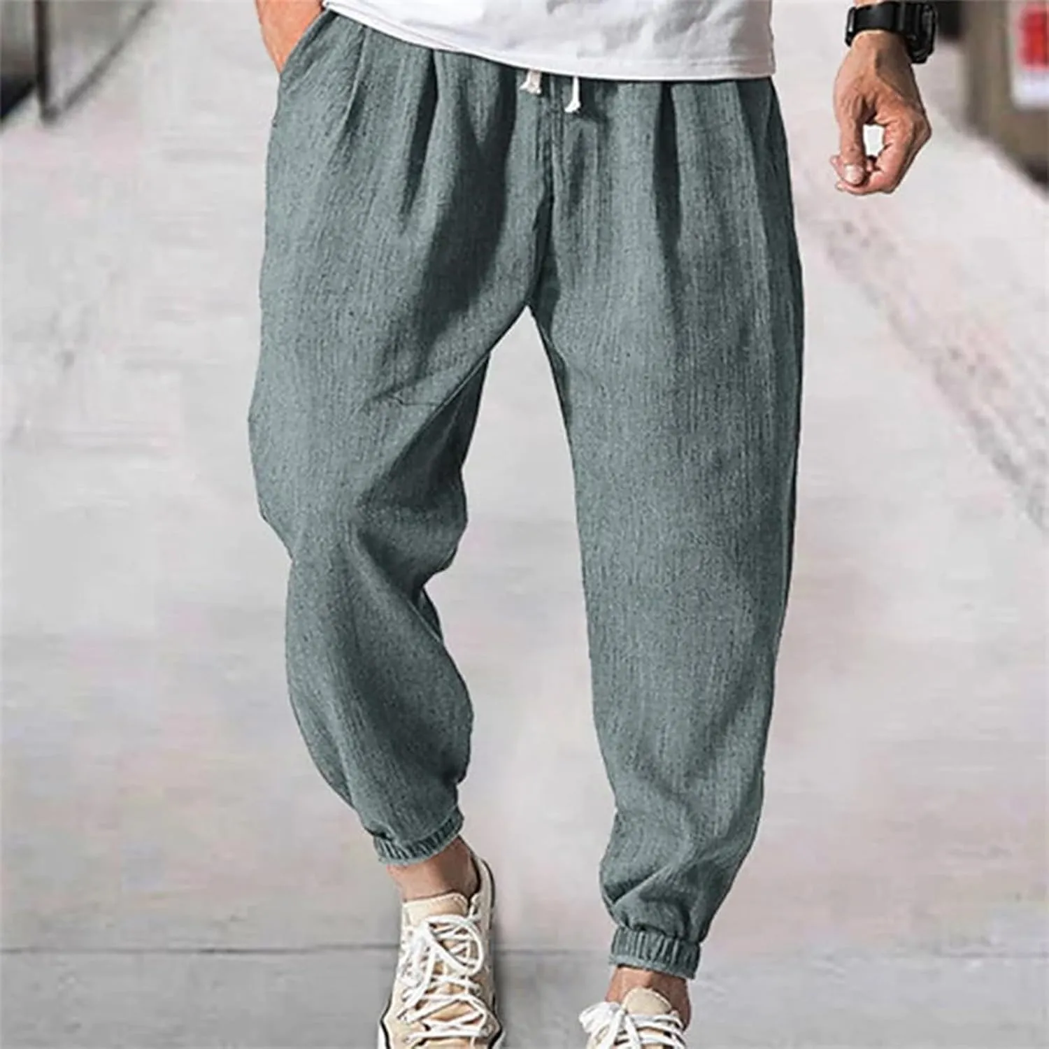 Linen Jogger Pants for Men Lightweight Cotton Sweat Lounge Harem Pant Casual Vacation Beach Summer Athletic Trousers