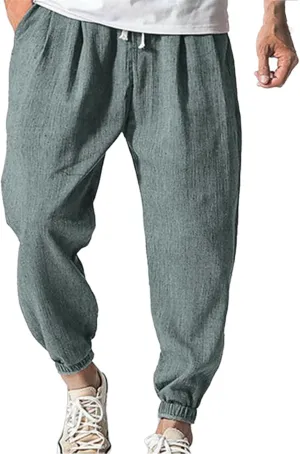 Linen Jogger Pants for Men Lightweight Cotton Sweat Lounge Harem Pant Casual Vacation Beach Summer Athletic Trousers