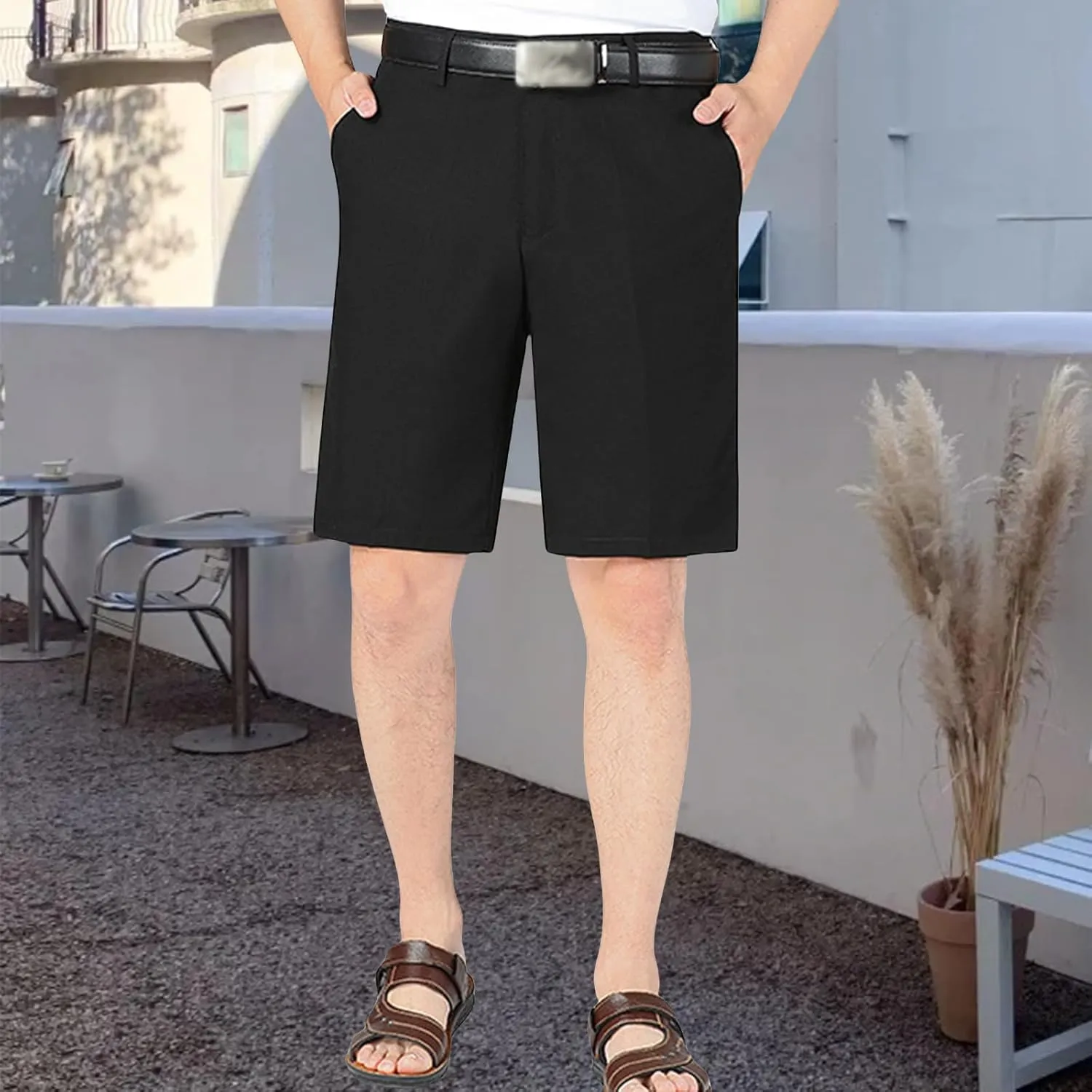 Men's Casual Linen Shorts Slim Fit Comfy Pants Solid Simple Straight Pants Summer Business Sports Shorts with Pockets