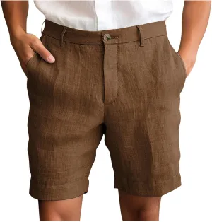 Mens Cotton Linen Shorts Flat Front Business Casual Dress Pants Button Up Elastic Waist Summer Beach Slim Fit Short
