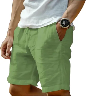 Men's Cotton Linen Shorts Solid Color Casual Pocket Button Shorts with Pockets
