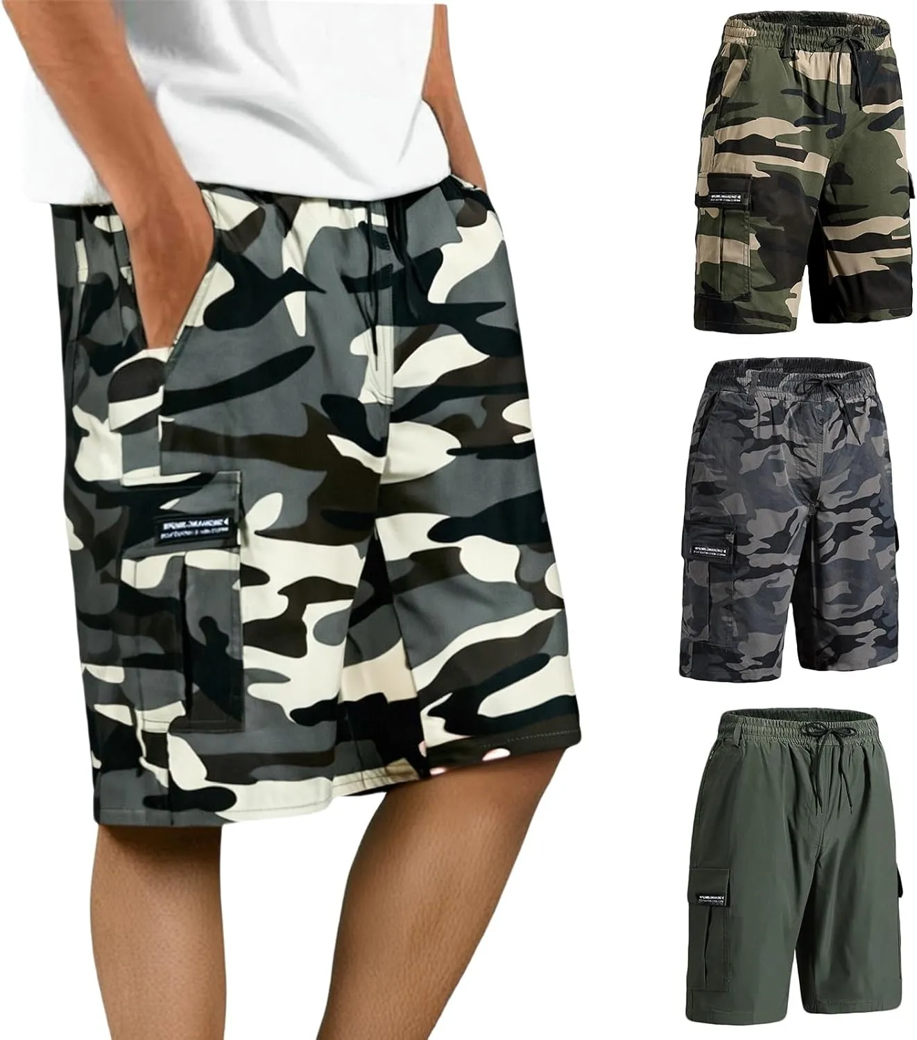 Men's Long Cargo Shorts Camouflage Casual Loose Fit Multi-Pockets Military Cargo Shorts Athletic Gym Workout Short