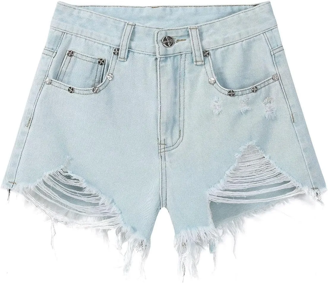 Summer Women High Waisted Jean Shorts Frayed Raw Hem Distressed Ripped Short Jeans Skinny Stretchy Denim Shorts
