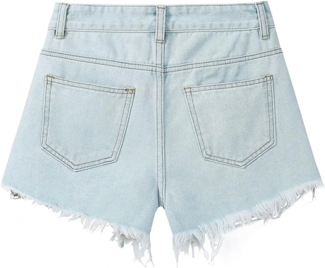 Summer Women High Waisted Jean Shorts Frayed Raw Hem Distressed Ripped Short Jeans Skinny Stretchy Denim Shorts