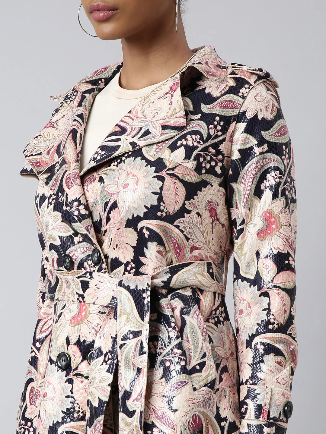 Women Beige Printed Longline Trench Coat