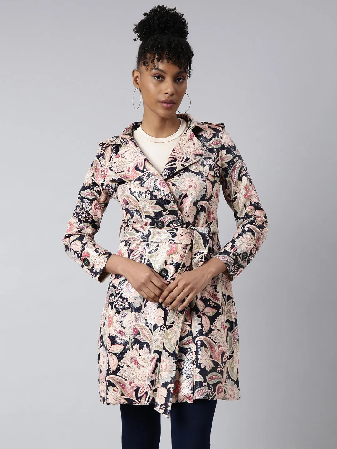 Women Beige Printed Longline Trench Coat