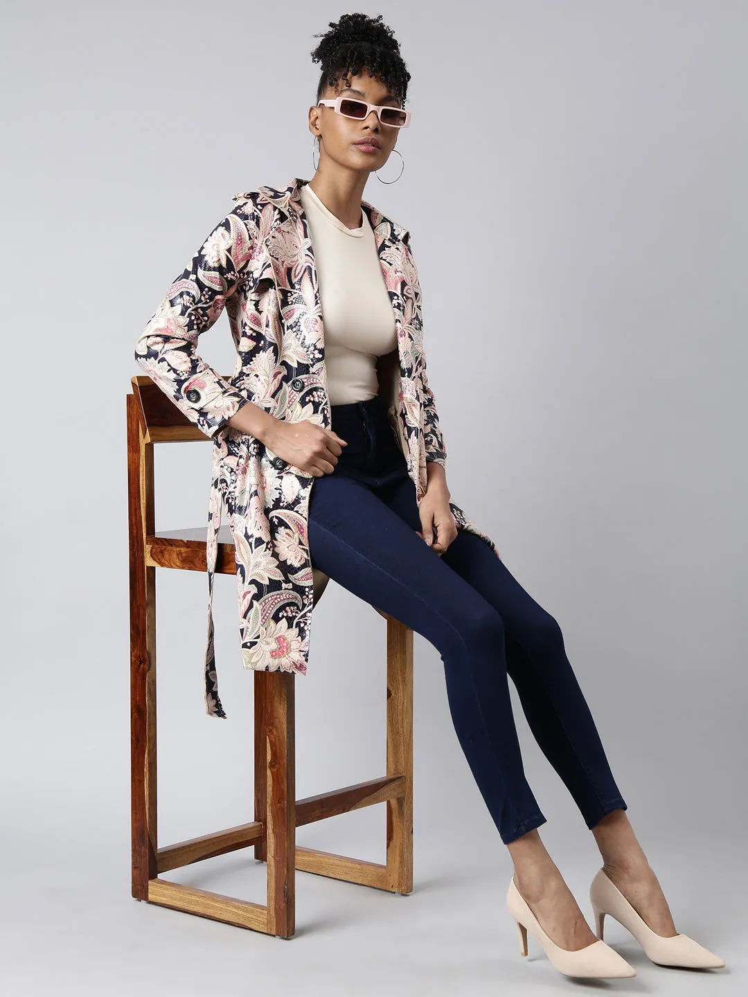 Women Beige Printed Longline Trench Coat