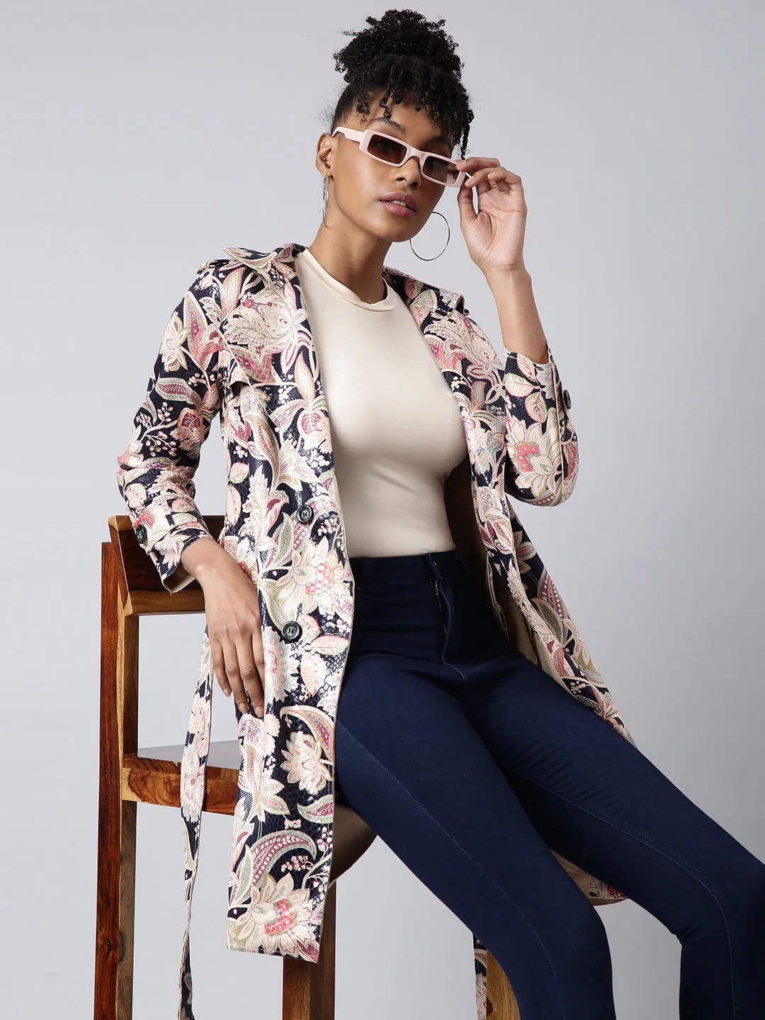 Women Beige Printed Longline Trench Coat