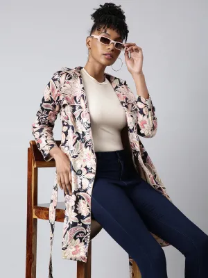 Women Beige Printed Longline Trench Coat