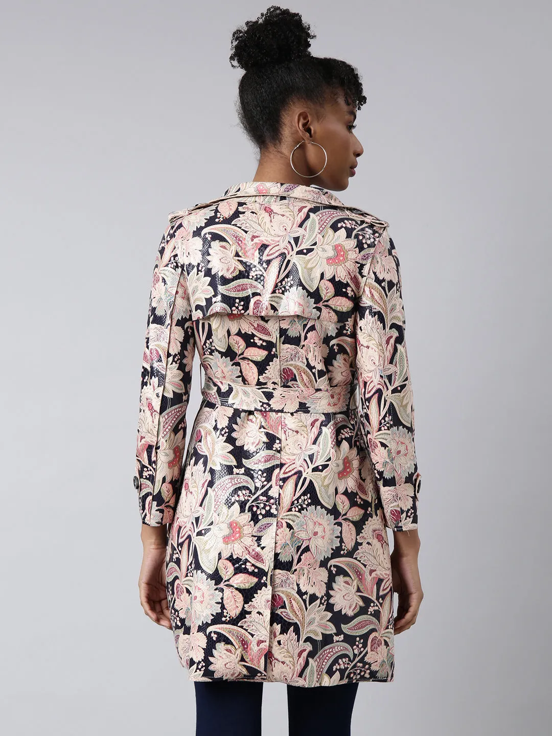 Women Beige Printed Longline Trench Coat