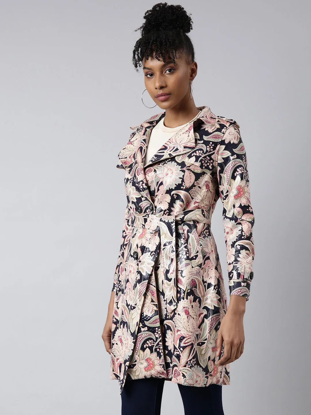 Women Beige Printed Longline Trench Coat