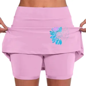 Women's 2 in 1 Athletic Skorts Daisy Printing Breathable Tennis Skirt Shorts Stretchy Workout Running Sport Shorts