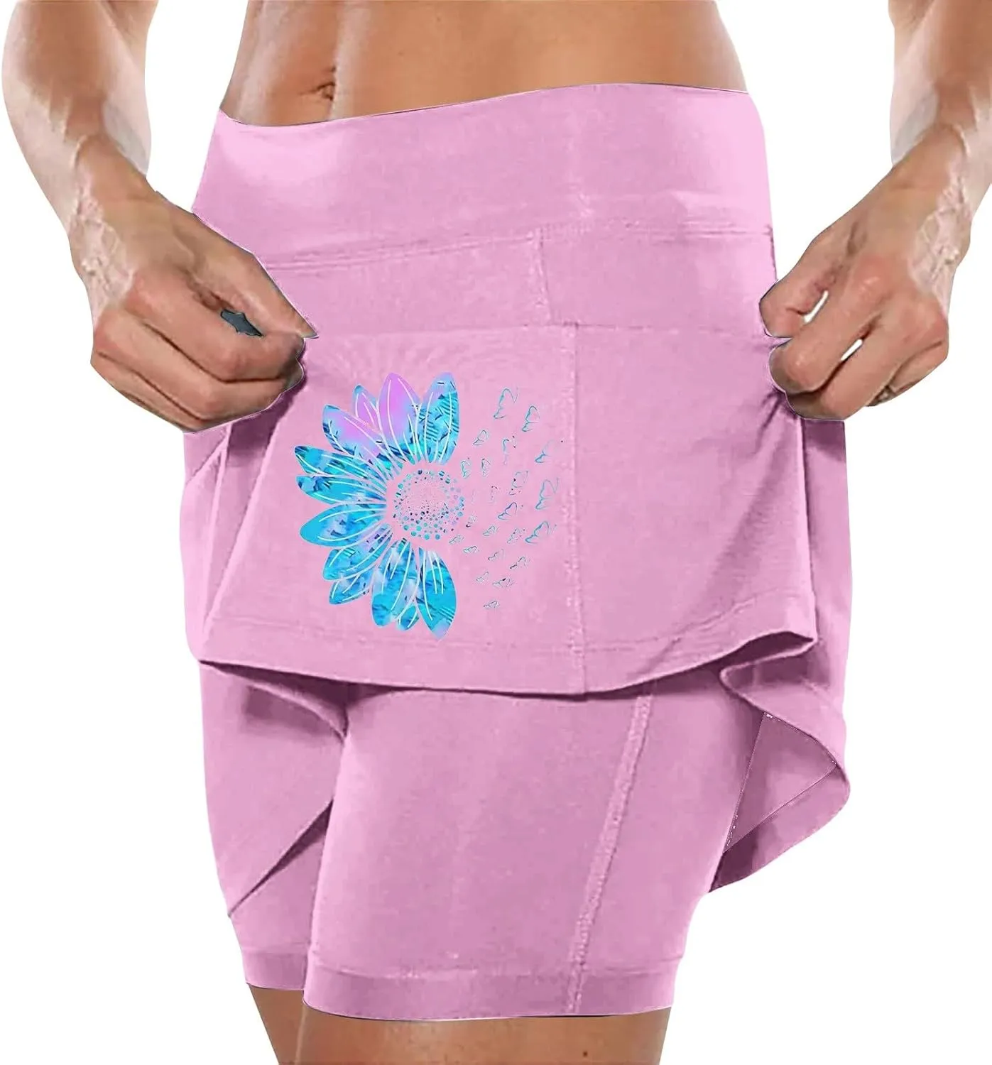 Women's 2 in 1 Athletic Skorts Daisy Printing Breathable Tennis Skirt Shorts Stretchy Workout Running Sport Shorts