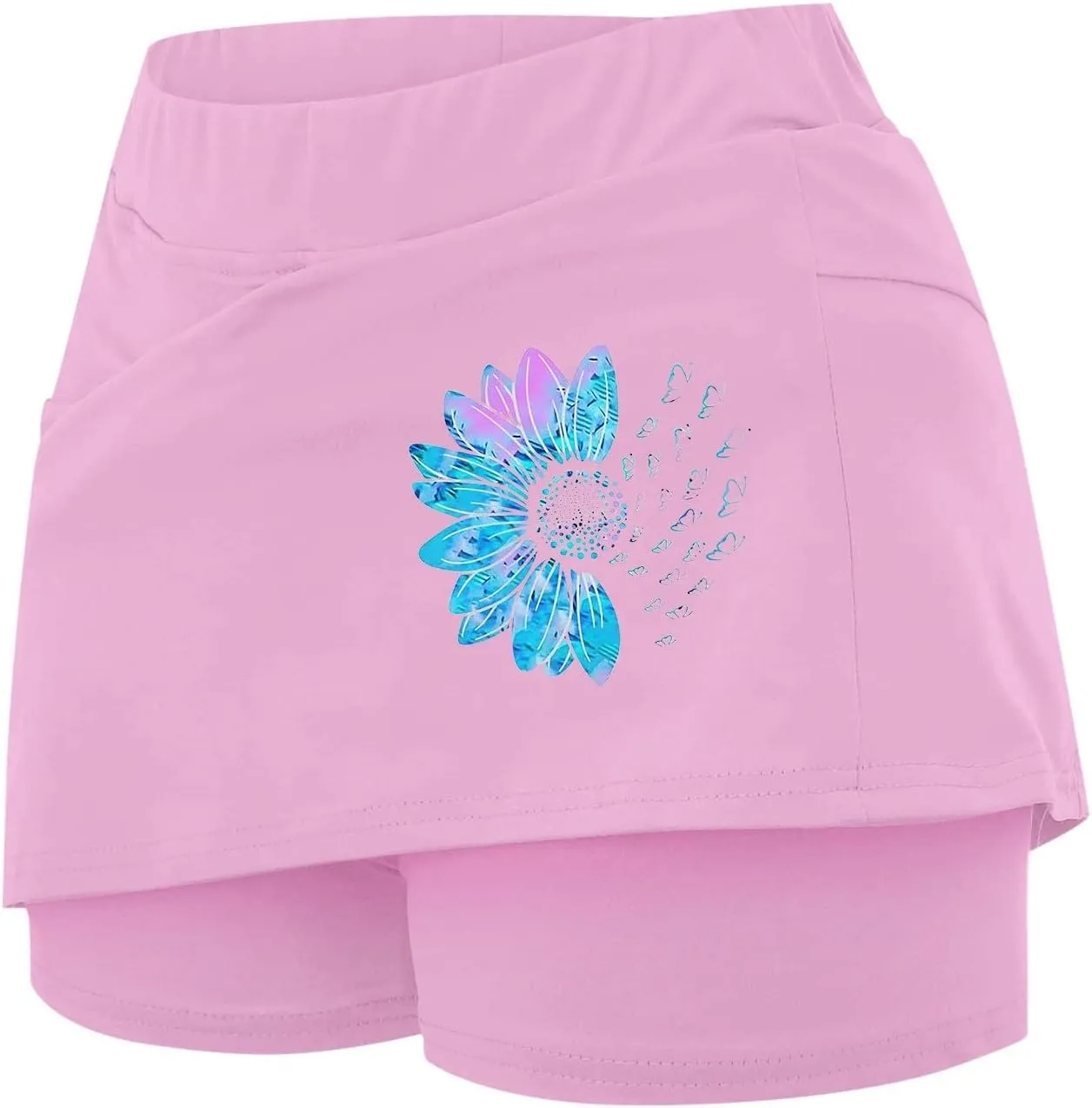 Women's 2 in 1 Athletic Skorts Daisy Printing Breathable Tennis Skirt Shorts Stretchy Workout Running Sport Shorts