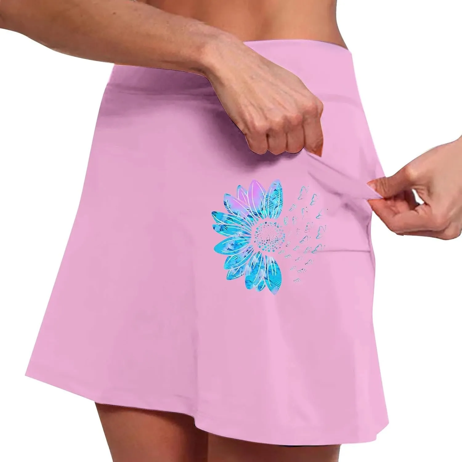 Women's 2 in 1 Athletic Skorts Daisy Printing Breathable Tennis Skirt Shorts Stretchy Workout Running Sport Shorts